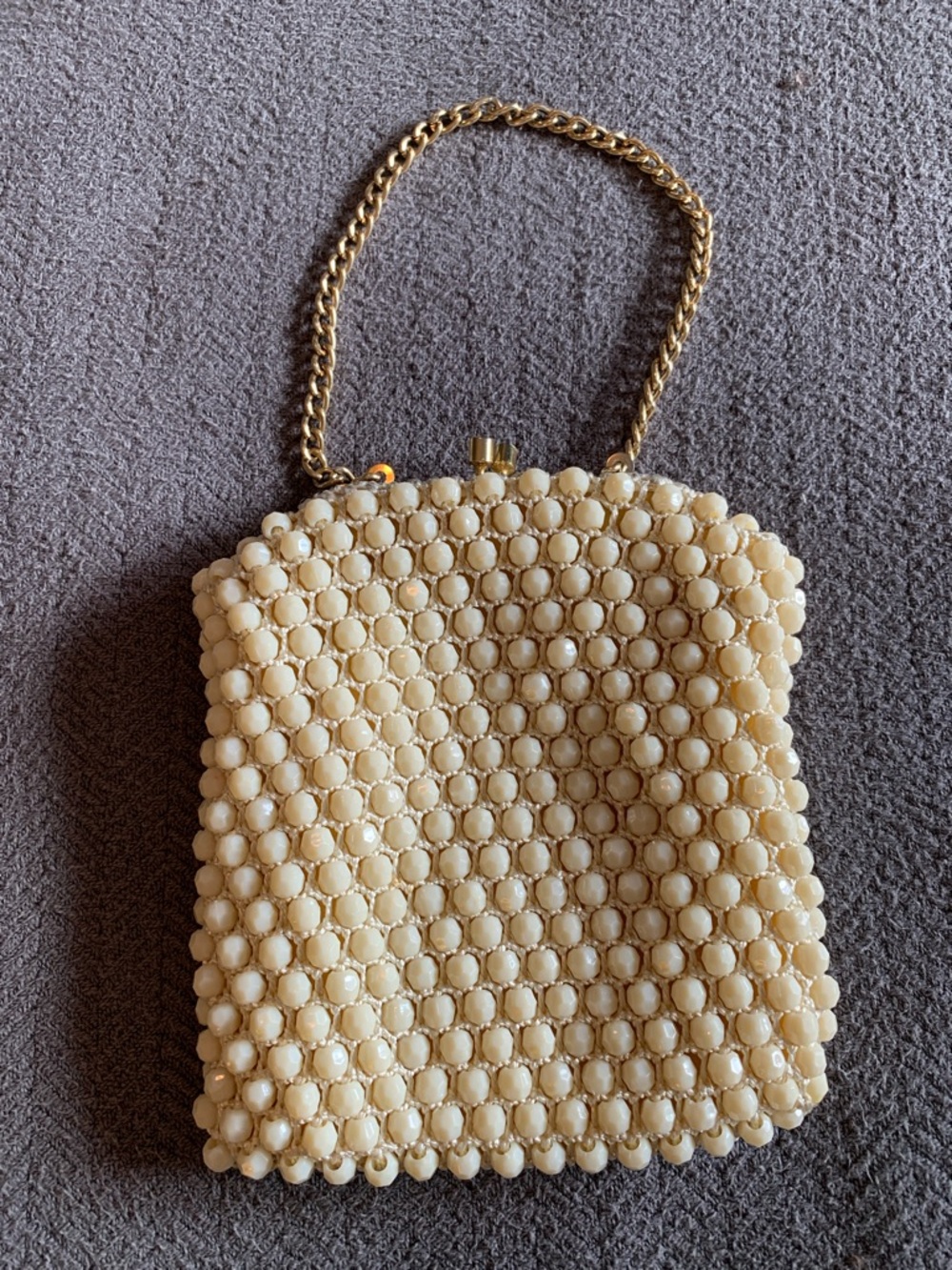 Beaded Cream Evening Clutch with Gold Chain